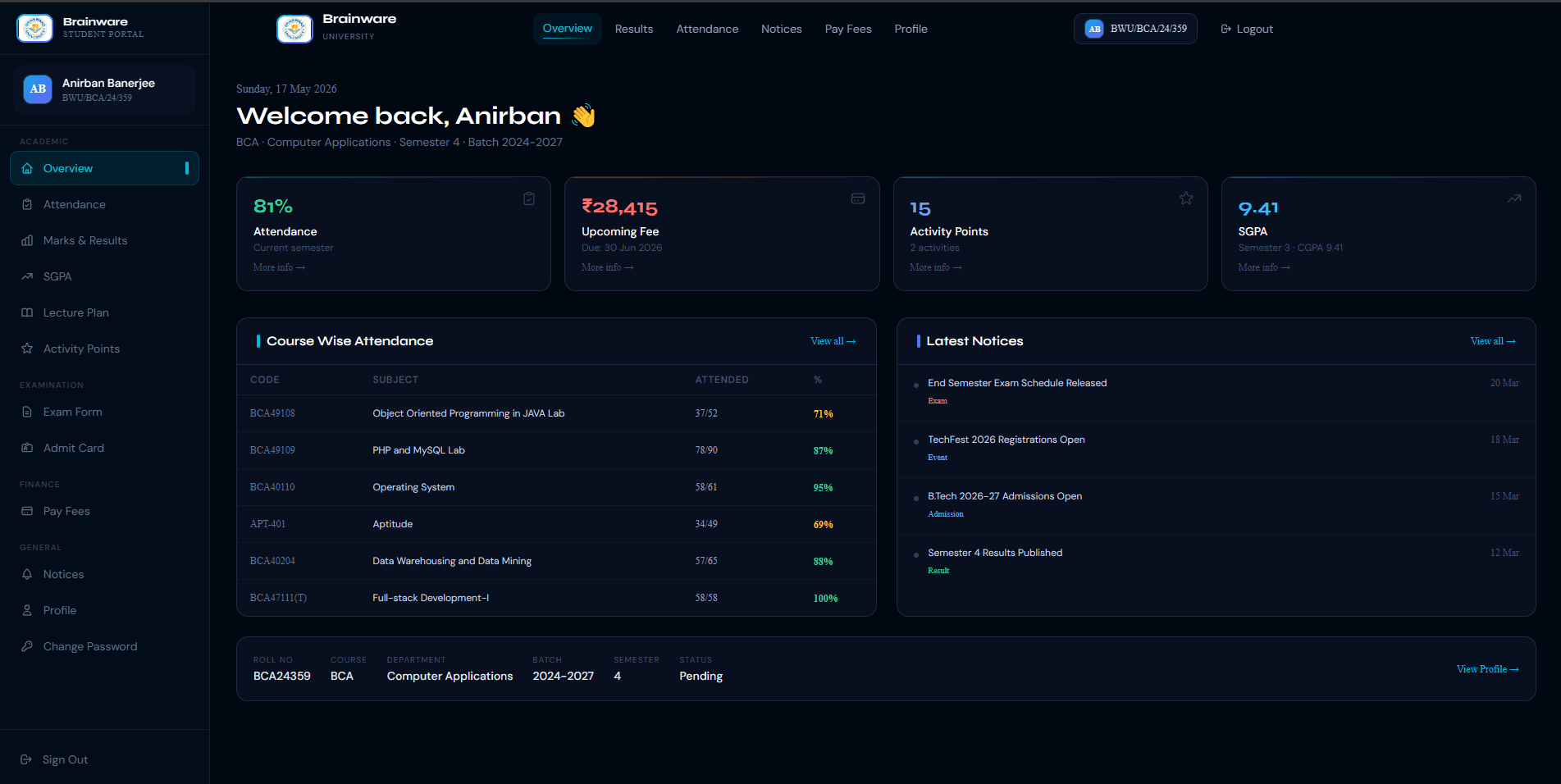 Brainware University Student Portal — MERN